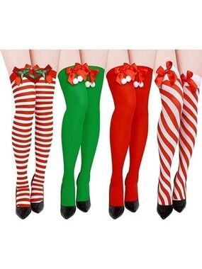 CHRISTMAS Thigh high Socks Red White Stripe Cosplay Stockings with Bow Sexy NWT